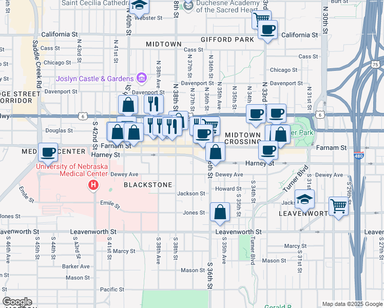 map of restaurants, bars, coffee shops, grocery stores, and more near 302 South 36th Street in Omaha