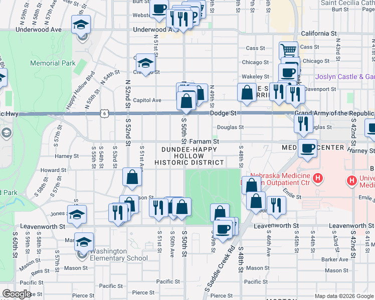map of restaurants, bars, coffee shops, grocery stores, and more near in Omaha
