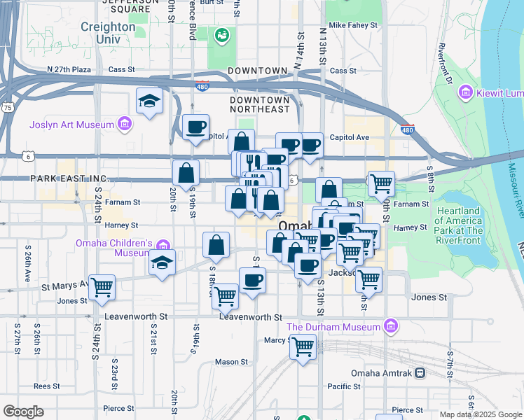 map of restaurants, bars, coffee shops, grocery stores, and more near in Omaha