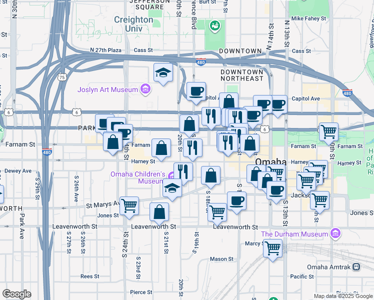 map of restaurants, bars, coffee shops, grocery stores, and more near in Omaha