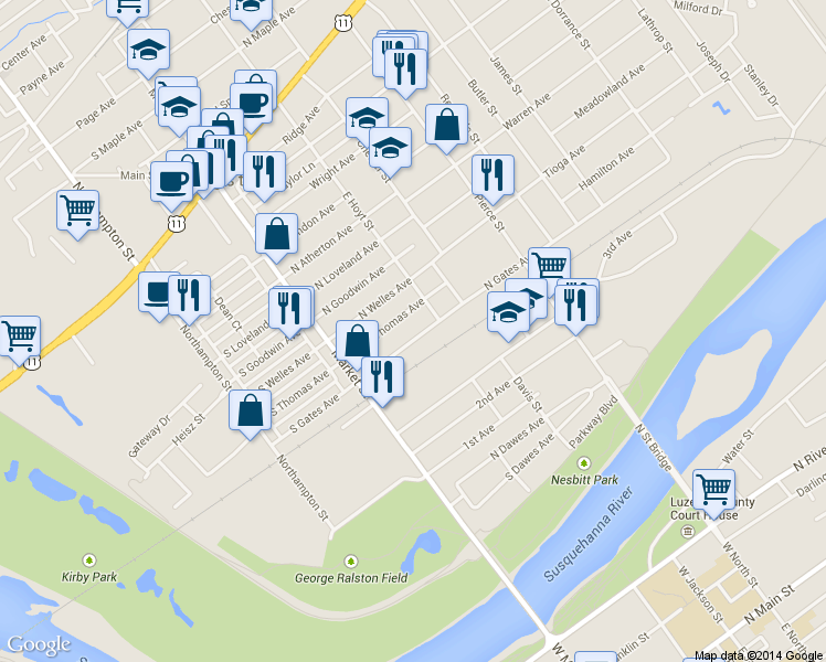map of restaurants, bars, coffee shops, grocery stores, and more near 62 North Gates Avenue in Kingston