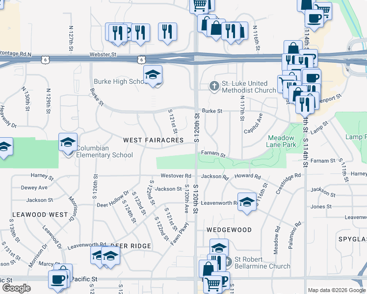 map of restaurants, bars, coffee shops, grocery stores, and more near 12105 Farnam Street in Omaha