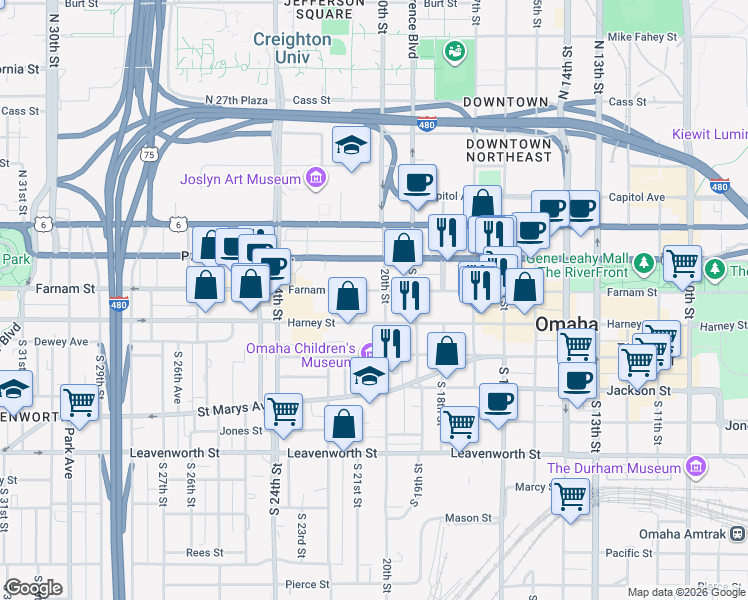 map of restaurants, bars, coffee shops, grocery stores, and more near 2001 Farnam Street in Omaha