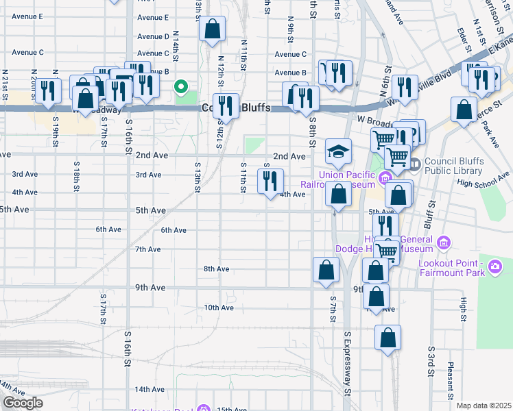 map of restaurants, bars, coffee shops, grocery stores, and more near 410 South 10th Street in Council Bluffs