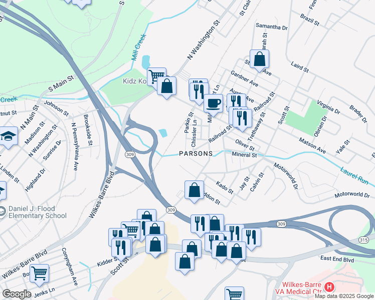 map of restaurants, bars, coffee shops, grocery stores, and more near 12 Gore Street in Wilkes-Barre