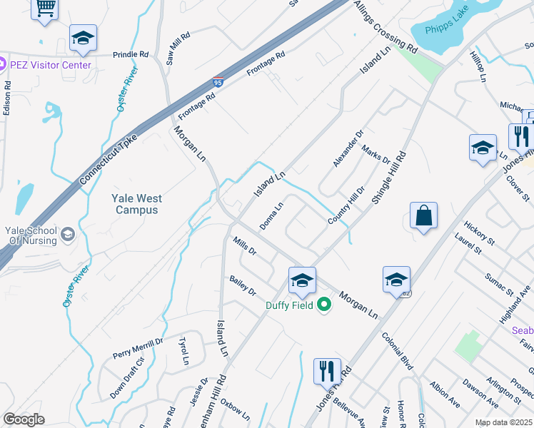 map of restaurants, bars, coffee shops, grocery stores, and more near 35 Donna Lane in West Haven