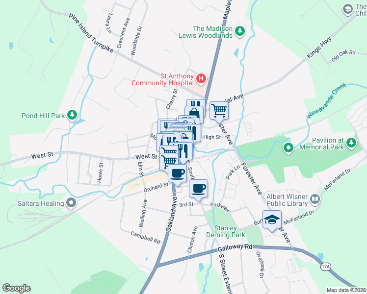 map of restaurants, bars, coffee shops, grocery stores, and more near 47 Main Street in Warwick