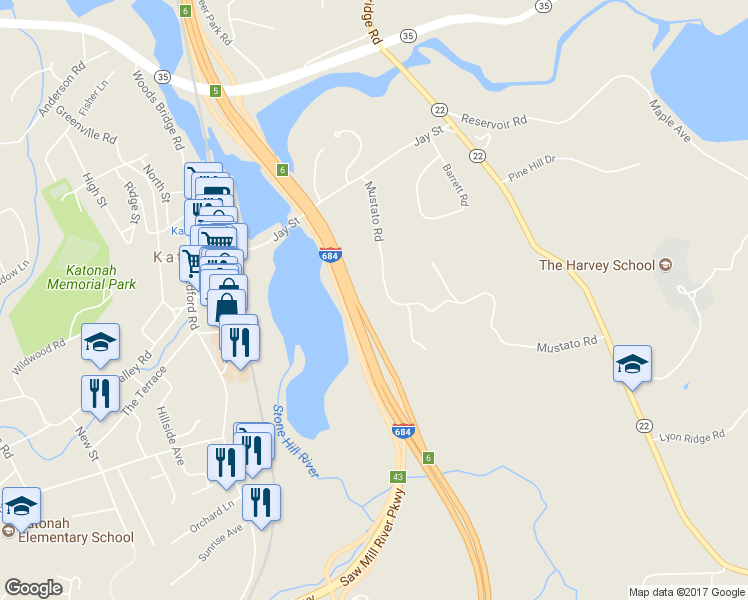 map of restaurants, bars, coffee shops, grocery stores, and more near 57 Mustato Road in Katonah