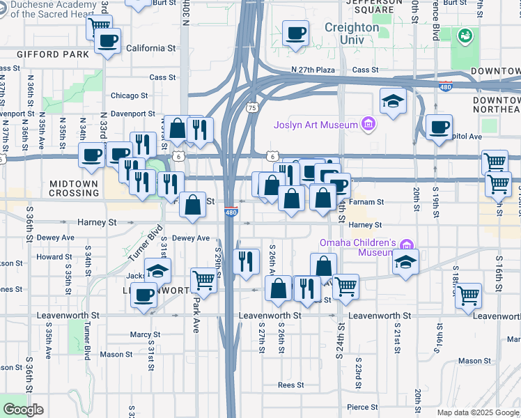 map of restaurants, bars, coffee shops, grocery stores, and more near in Omaha