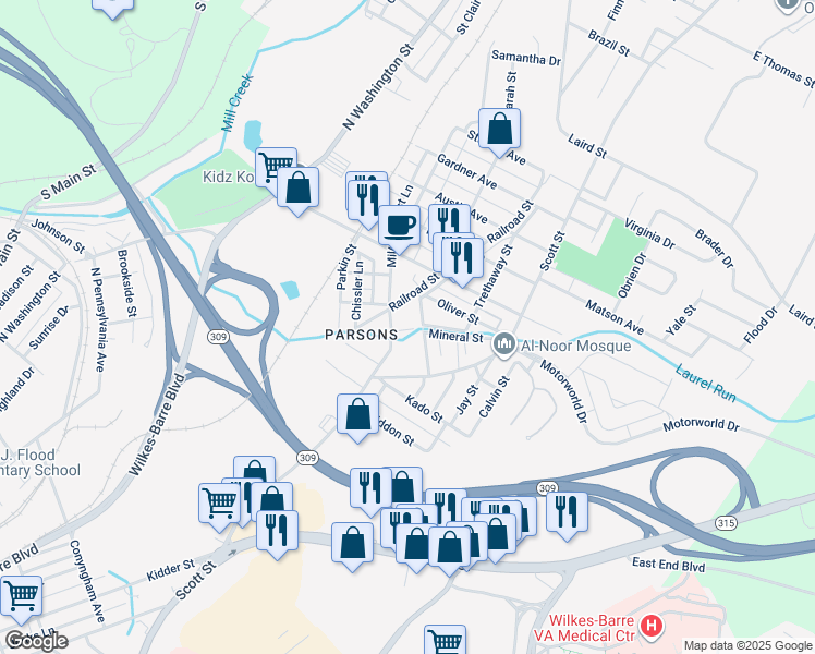 map of restaurants, bars, coffee shops, grocery stores, and more near 35-37 Mill Street in Wilkes-Barre