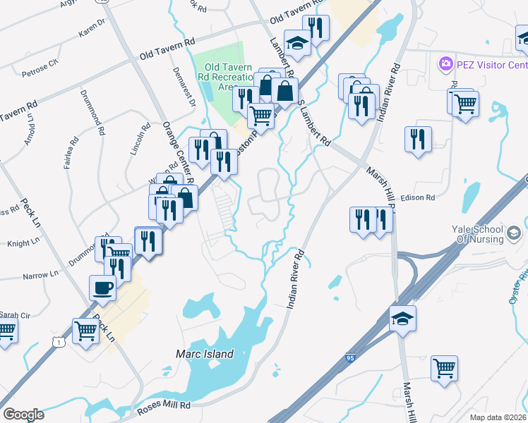 map of restaurants, bars, coffee shops, grocery stores, and more near 47 Red Cedar Circle in Orange