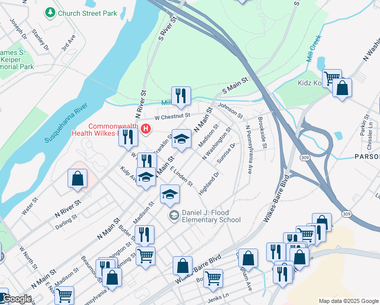 map of restaurants, bars, coffee shops, grocery stores, and more near 612 North Main Street in Wilkes-Barre