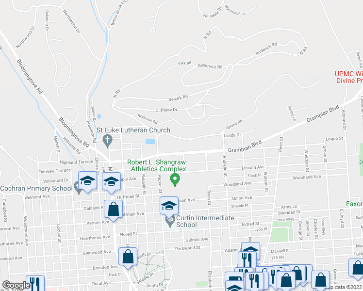 map of restaurants, bars, coffee shops, grocery stores, and more near 201 Grampian Boulevard in Williamsport