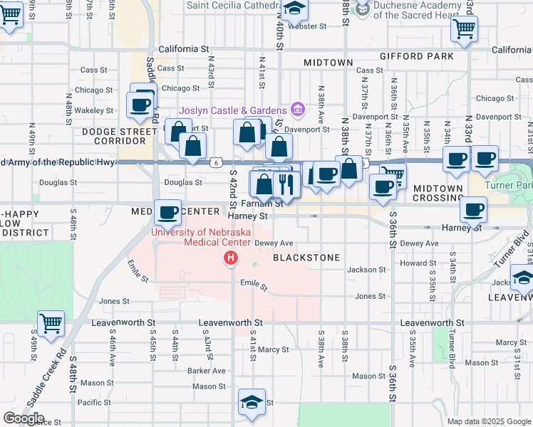 map of restaurants, bars, coffee shops, grocery stores, and more near 4008 Harney Street in Omaha