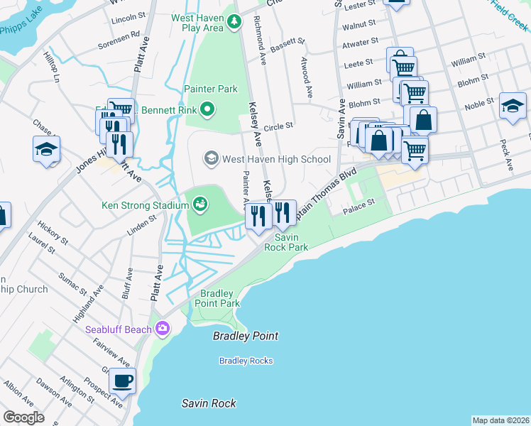 map of restaurants, bars, coffee shops, grocery stores, and more near 20 Kelsey Avenue in West Haven