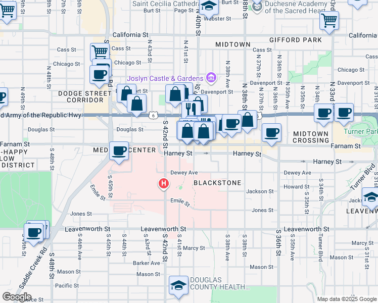 map of restaurants, bars, coffee shops, grocery stores, and more near 4008 Harney Street in Omaha