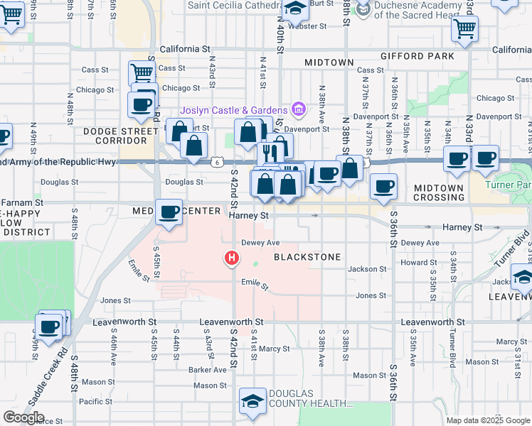 map of restaurants, bars, coffee shops, grocery stores, and more near 4010 Harney Street in Omaha