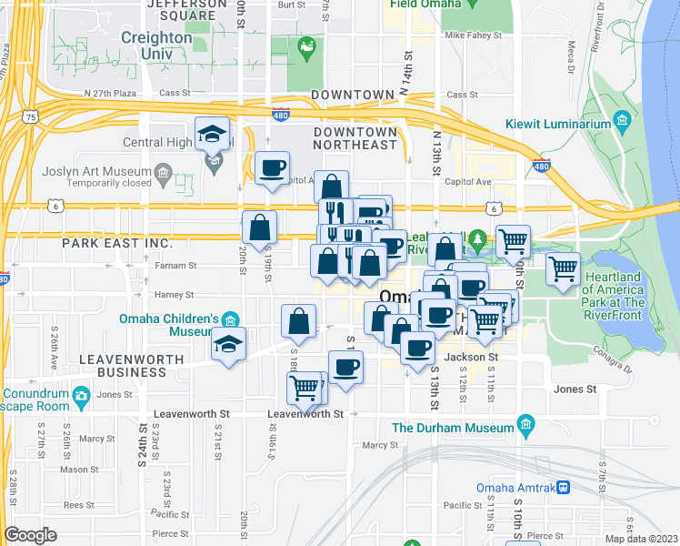 map of restaurants, bars, coffee shops, grocery stores, and more near 1617 Farnam Street in Omaha