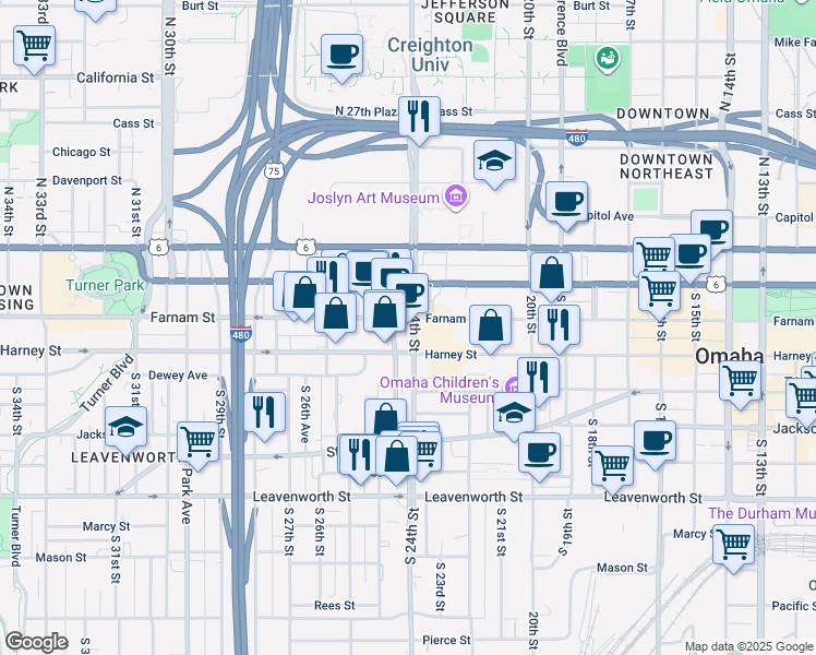 map of restaurants, bars, coffee shops, grocery stores, and more near 306 South 24th Street in Omaha