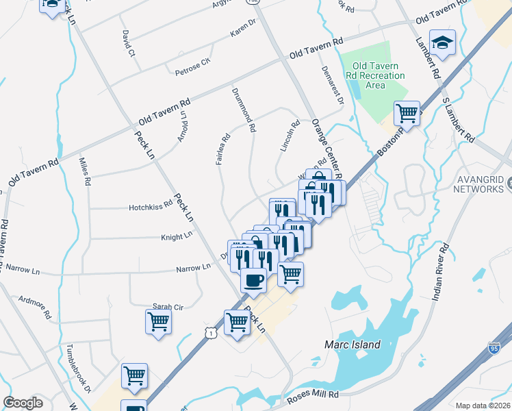map of restaurants, bars, coffee shops, grocery stores, and more near 246 Wilson Road in Orange