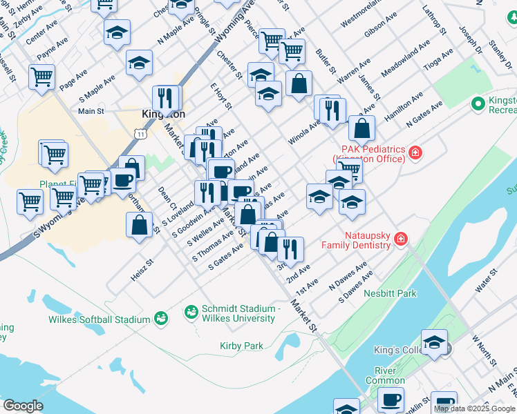 map of restaurants, bars, coffee shops, grocery stores, and more near 44 North Thomas Avenue in Kingston