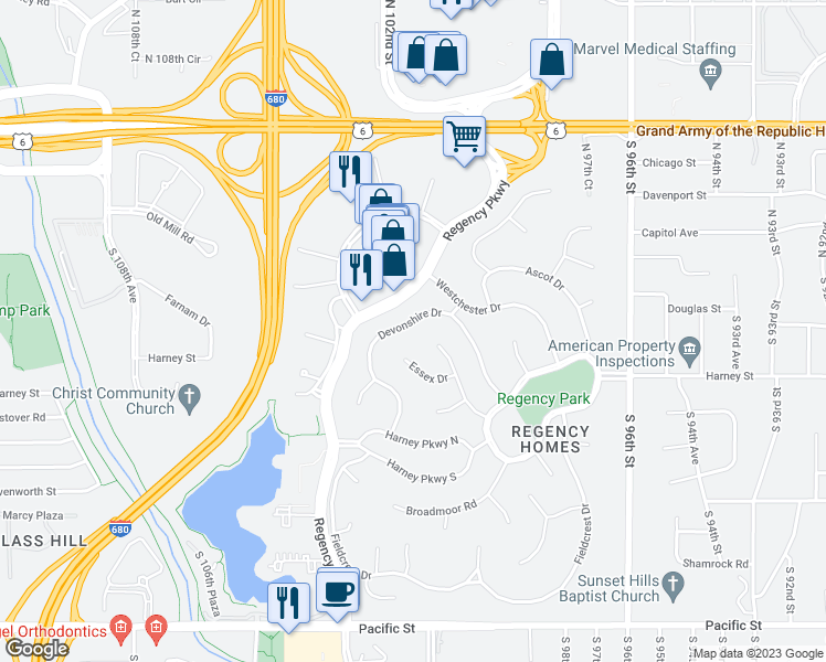 map of restaurants, bars, coffee shops, grocery stores, and more near 9925 Devonshire Drive in Omaha