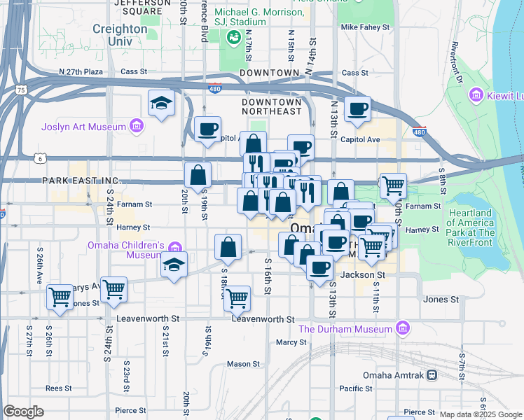 map of restaurants, bars, coffee shops, grocery stores, and more near 1607 Farnam Street in Omaha