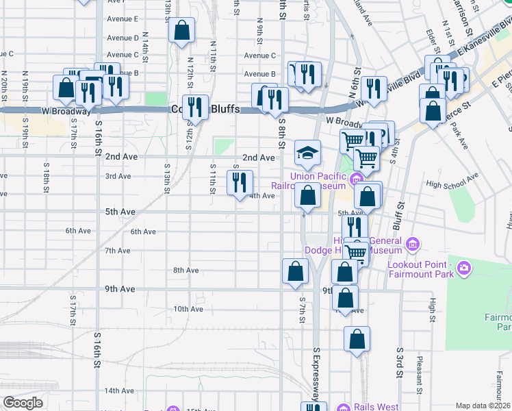 map of restaurants, bars, coffee shops, grocery stores, and more near 412 South 9th Street in Council Bluffs