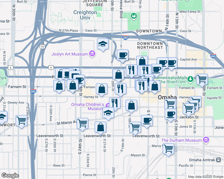 map of restaurants, bars, coffee shops, grocery stores, and more near 2001 Farnam Street in Omaha