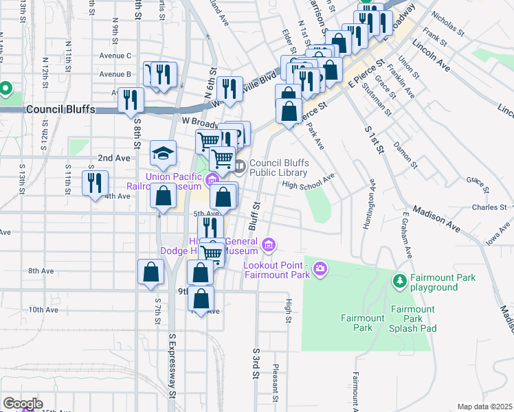 map of restaurants, bars, coffee shops, grocery stores, and more near 217 Bluff Street in Council Bluffs