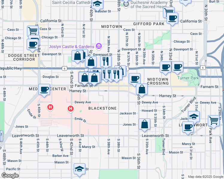 map of restaurants, bars, coffee shops, grocery stores, and more near 3815 Farnam Street in Omaha