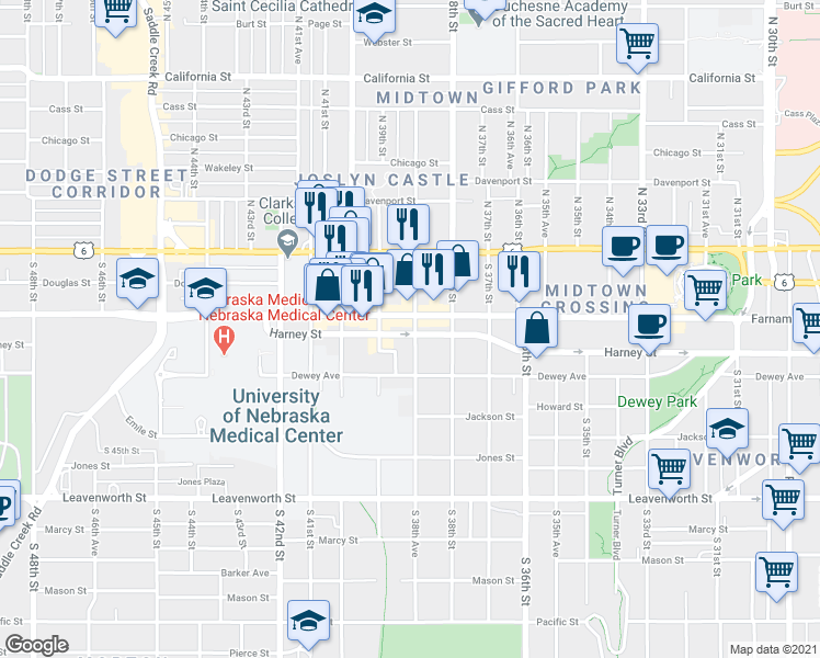 map of restaurants, bars, coffee shops, grocery stores, and more near 3817 Farnam Street in Omaha