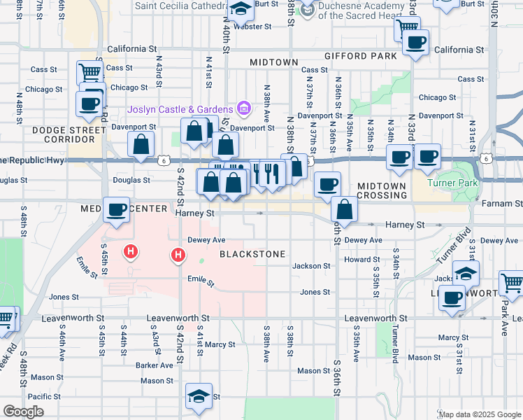 map of restaurants, bars, coffee shops, grocery stores, and more near 3870 Harney Street in Omaha