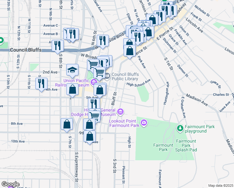 map of restaurants, bars, coffee shops, grocery stores, and more near 217 Bluff Street in Council Bluffs