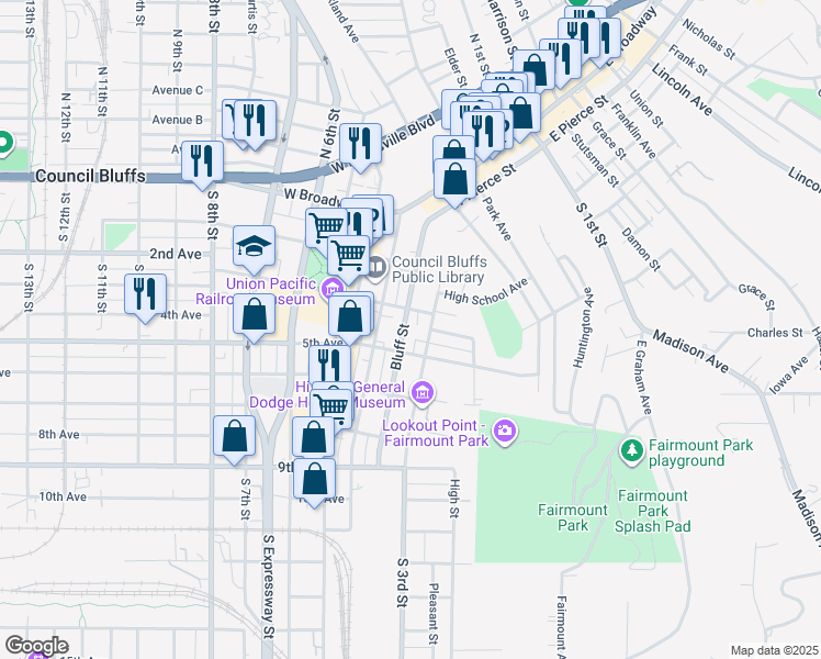map of restaurants, bars, coffee shops, grocery stores, and more near 217 Bluff Street in Council Bluffs