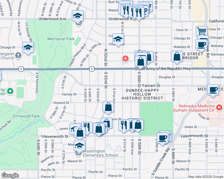 map of restaurants, bars, coffee shops, grocery stores, and more near 304 South 51st Avenue in Omaha