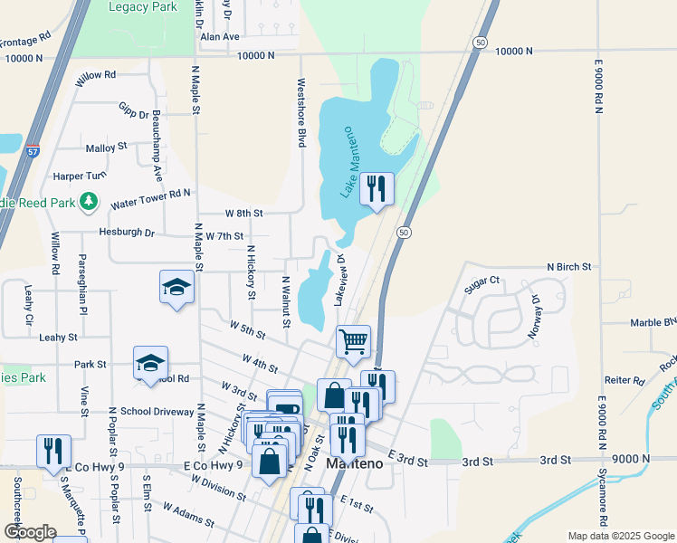 map of restaurants, bars, coffee shops, grocery stores, and more near 735 Lakeview Drive in Manteno