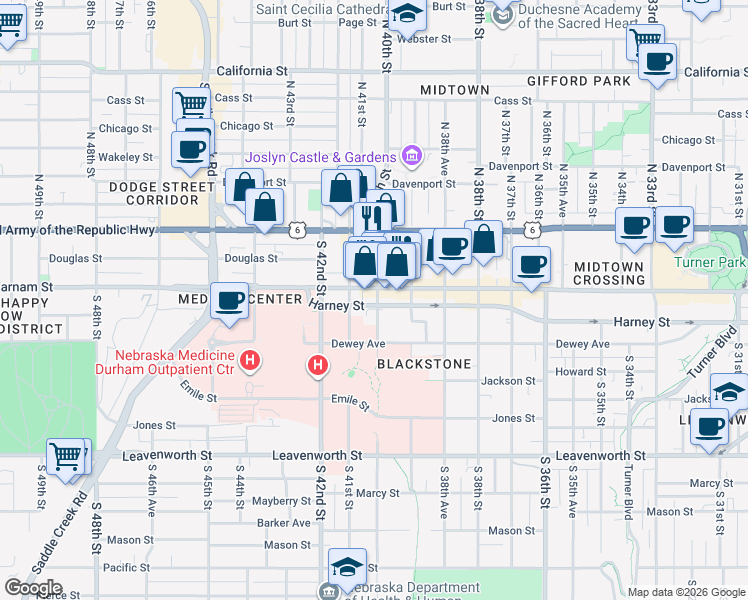 map of restaurants, bars, coffee shops, grocery stores, and more near 320 South 40th Street in Omaha