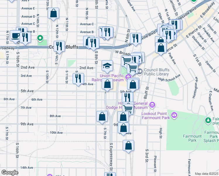 map of restaurants, bars, coffee shops, grocery stores, and more near 640 5th Avenue in Council Bluffs