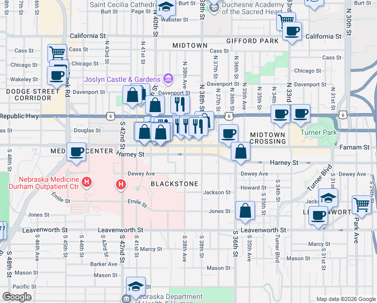 map of restaurants, bars, coffee shops, grocery stores, and more near 3820 Harney Street in Omaha