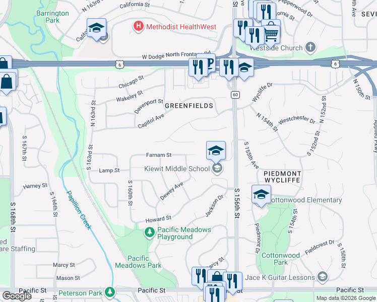 map of restaurants, bars, coffee shops, grocery stores, and more near 15666 Farnam Circle in Omaha
