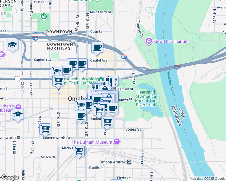 map of restaurants, bars, coffee shops, grocery stores, and more near 1001 Farnam Street in Omaha