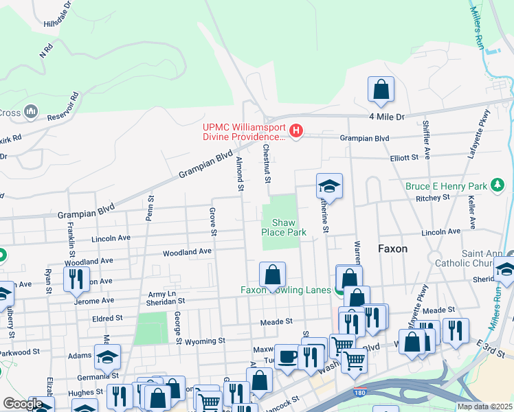 map of restaurants, bars, coffee shops, grocery stores, and more near 1598 Almond Court in Williamsport