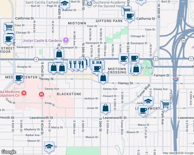 map of restaurants, bars, coffee shops, grocery stores, and more near 302 South 36th Street in Omaha