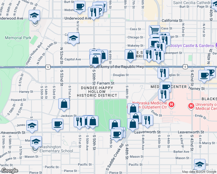 map of restaurants, bars, coffee shops, grocery stores, and more near 302 South 49th Street in Omaha
