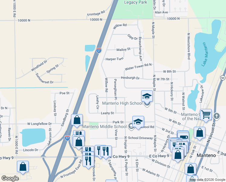 map of restaurants, bars, coffee shops, grocery stores, and more near 507 Parseghian Place in Manteno