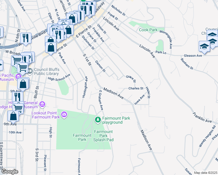 map of restaurants, bars, coffee shops, grocery stores, and more near 725 Madison Avenue in Council Bluffs