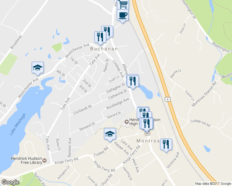 map of restaurants, bars, coffee shops, grocery stores, and more near 230 Catherine Street in Buchanan