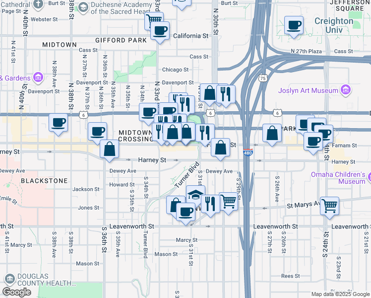 map of restaurants, bars, coffee shops, grocery stores, and more near 3157 Farnam Street in Omaha