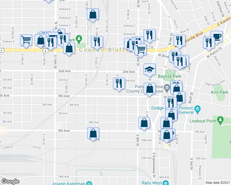 map of restaurants, bars, coffee shops, grocery stores, and more near 410 South 10th Street in Council Bluffs